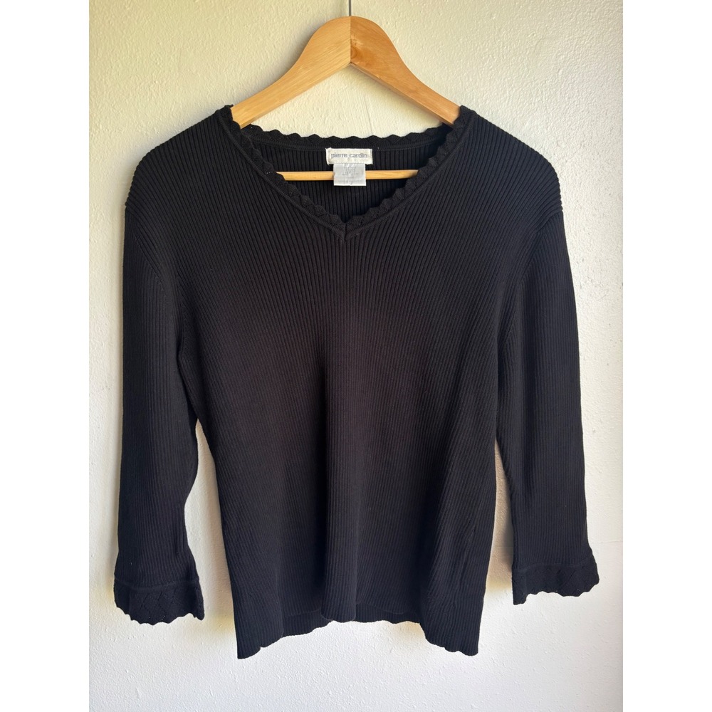 Pierre Cardin Black Ribbed Cotton V-Neck Top Scalloped Trim 3/4 Sleeve Large
